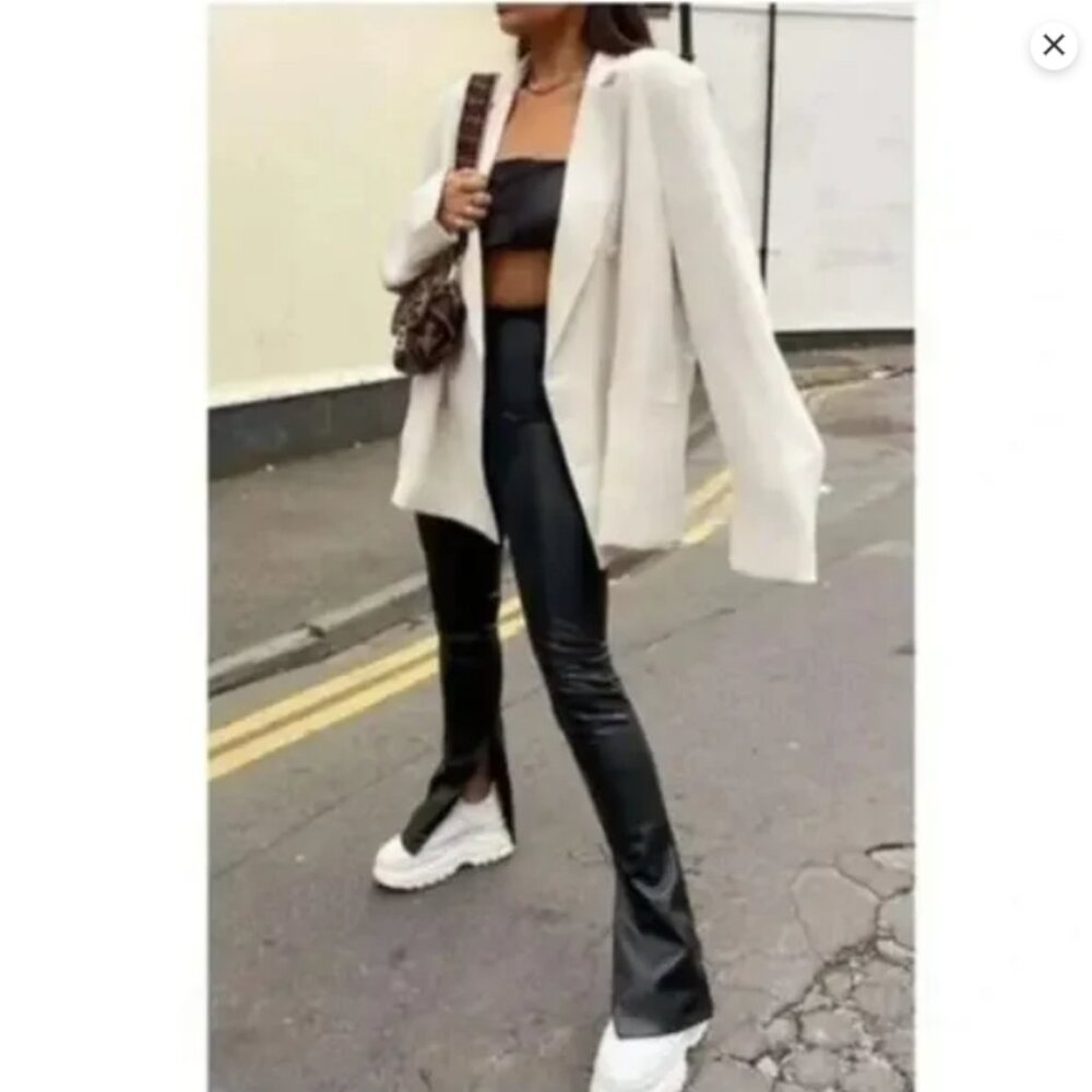 ZARA Faux pleather Pants Size Medium Black Zipper Slit Flare Street Style Chic